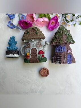 Fairy Garden Miniature Set Cottage Houses Teapot Tree Stump Fountain